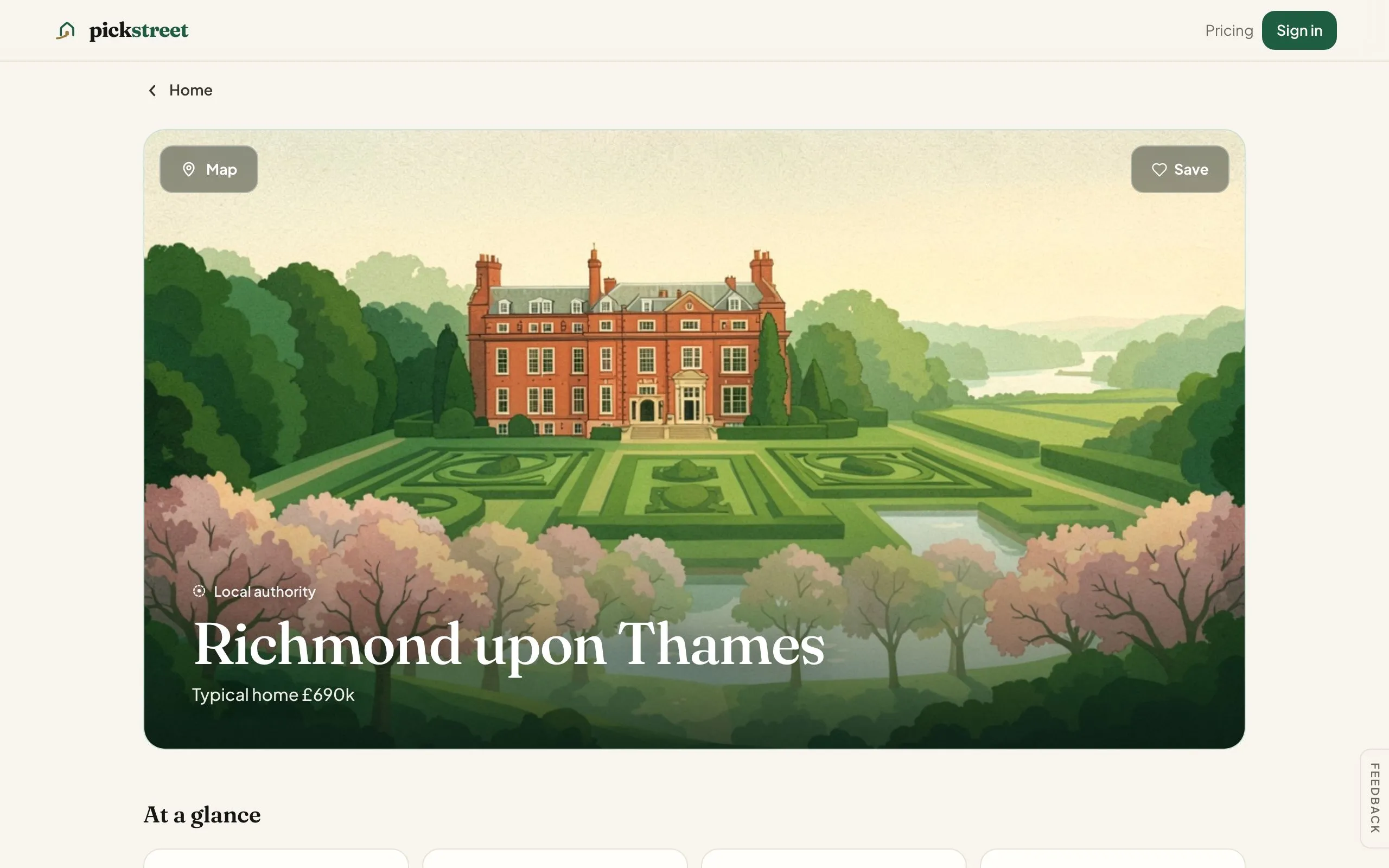 An area page for Richmond upon Thames with a painted hero image and the typical home price