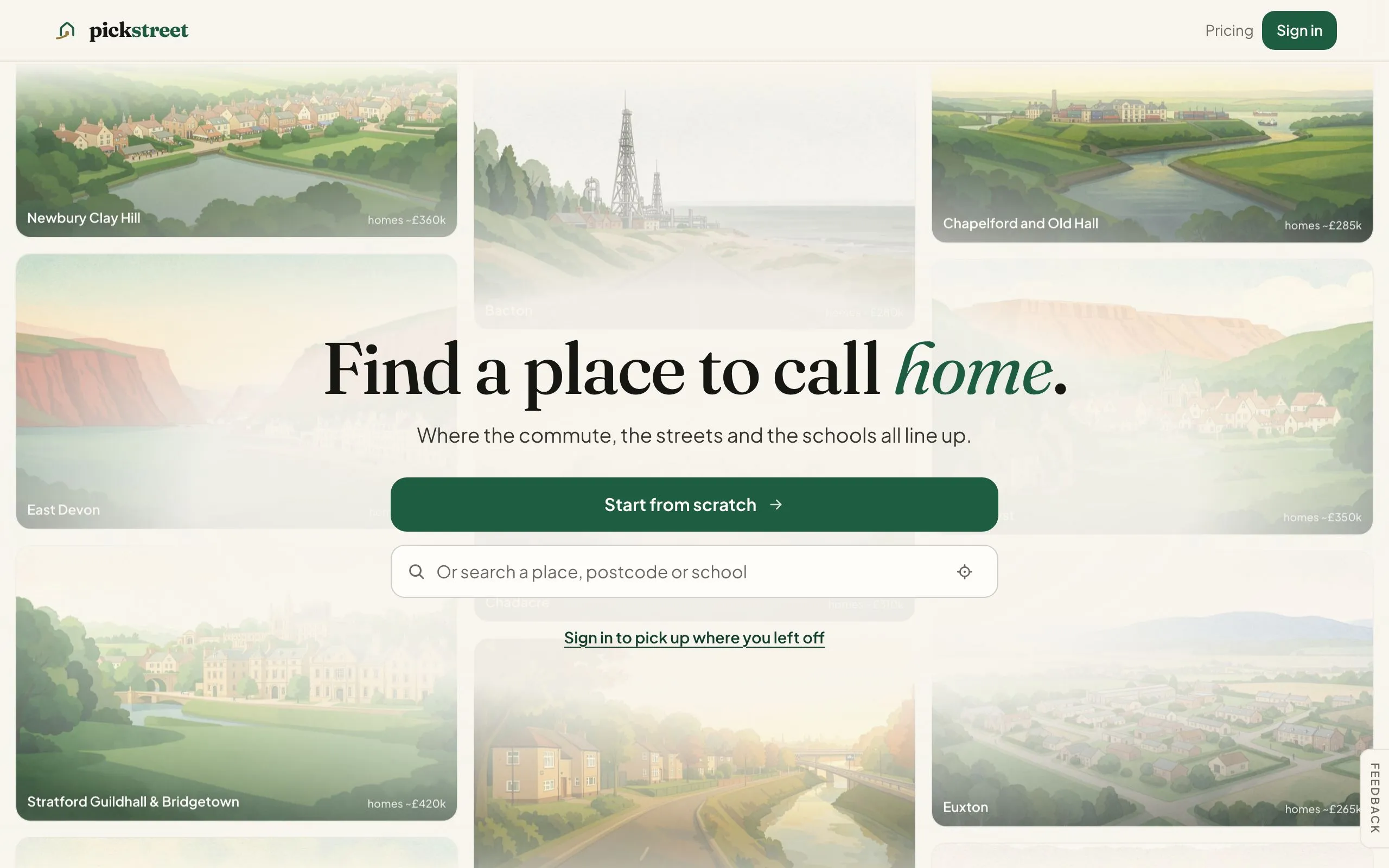 pickstreet home page: Find a place to call home, over painted English neighbourhoods