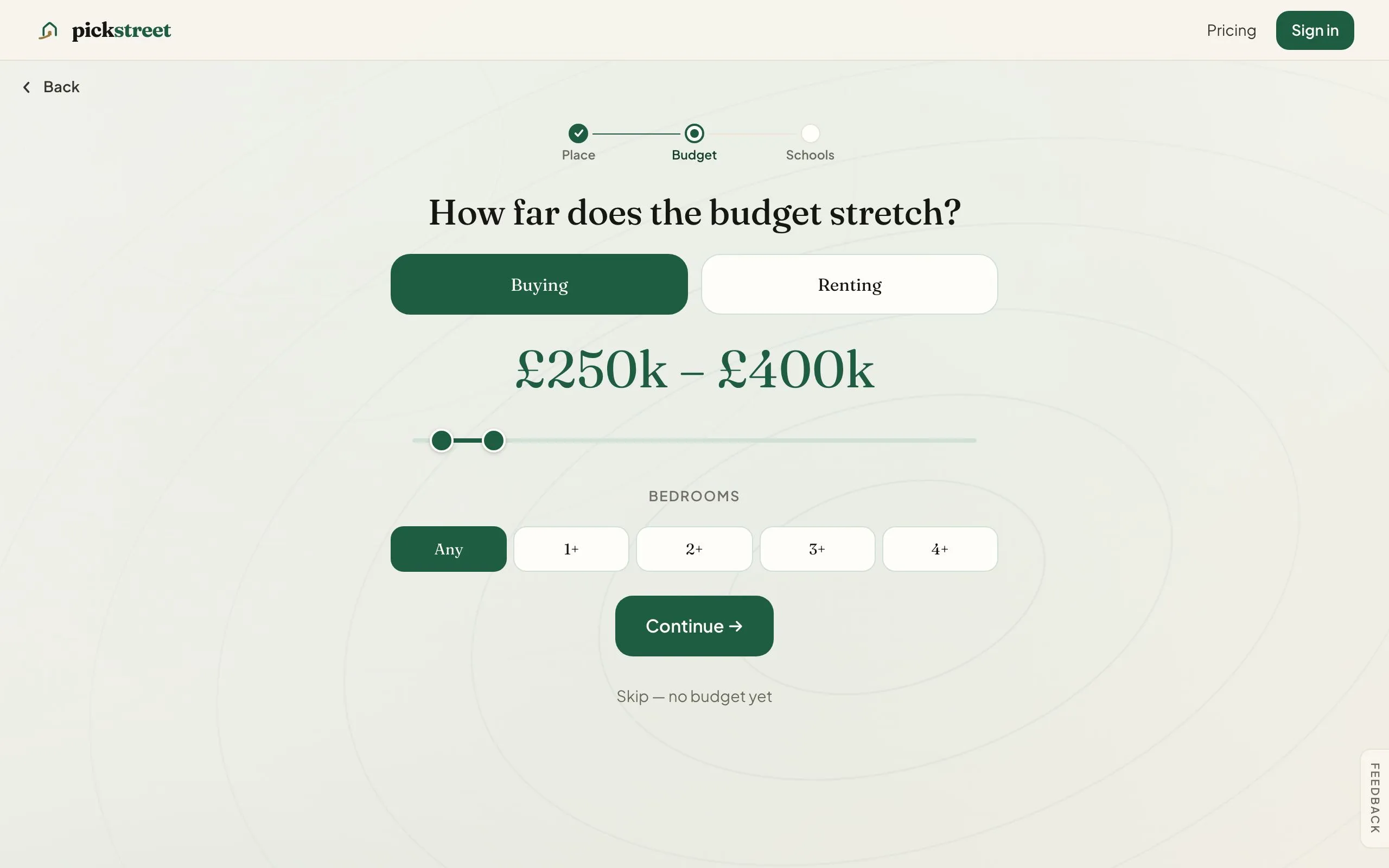 Journey step two: how far does the budget stretch, a range slider set to £250k to £400k