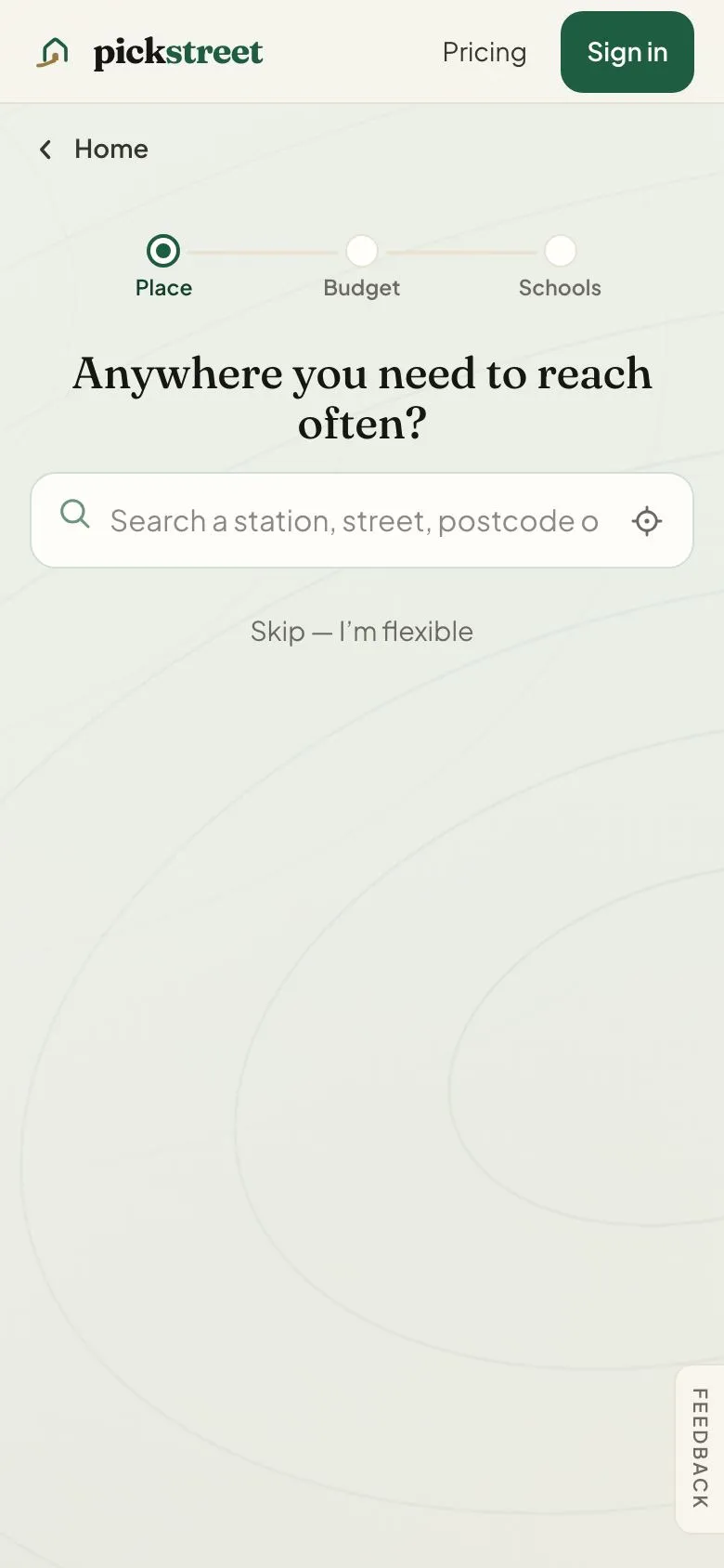 pickstreet journey on a phone: a question and a search box