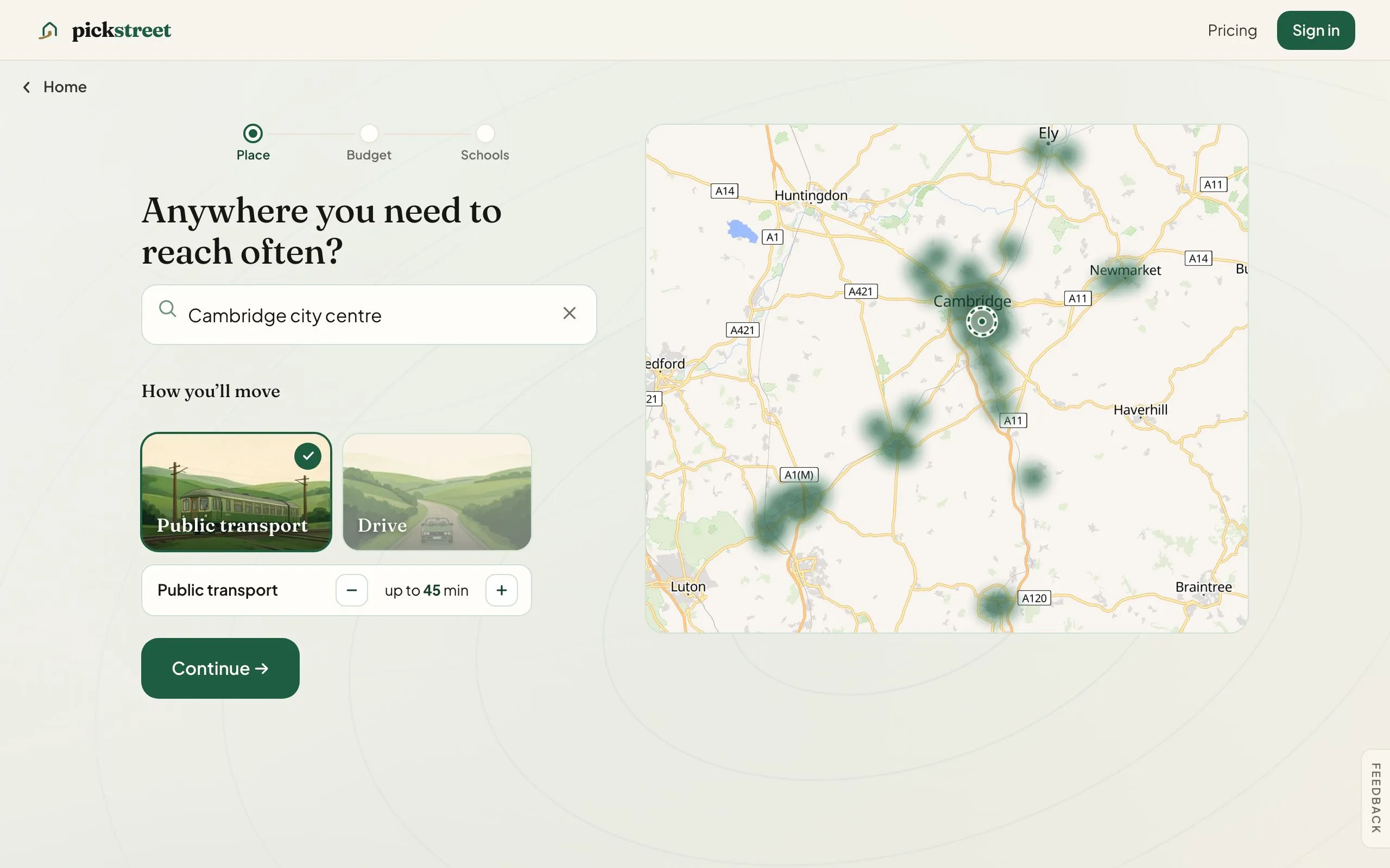 Journey step one: Cambridge city centre chosen, a map shows the places reachable by public transport within 45 minutes
